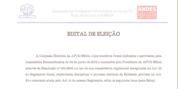 Comissão eleitoral publica EDITAL DE ELEIÇÃO 2015 da Diretoria da Apug-Ssind