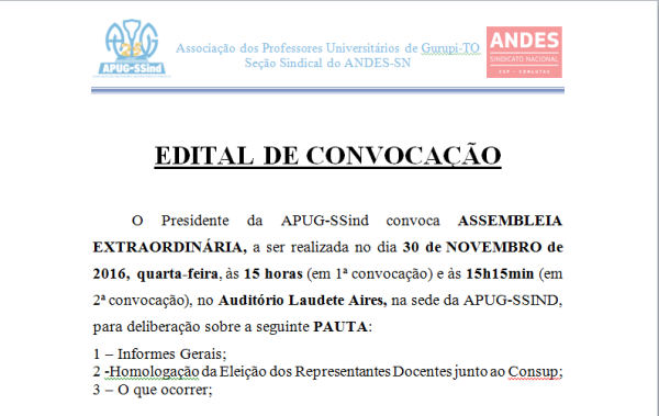 Apug-Ssind convoca assembleia Extraordinária para homologar Eleição do Consup
