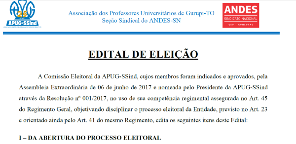 Comissão eleitoral publica EDITAL DE ELEIÇÃO 2017 da Diretoria da Apug-Ssind