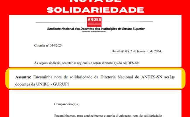ANDES-SN encaminha carta de solidariedade aos docentes da UnirG