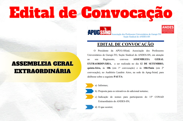 APUG CONVOCA: ASSEMBLEIA GERAL EXTRAORDINÁRIA NESTA QUINTA, DIA 12 DE SETEMBRO