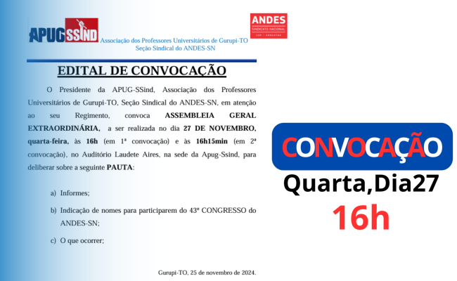 APUG-SSind Convoca Assembleia Geral Extraordinária