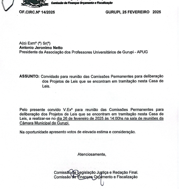 Apug: Convite para Reunião das Comissões Permanentes nesta Quarta-feira, dia 26, na Câmara Municipal de Gurupi