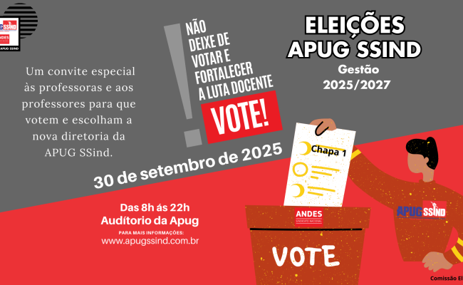 Docentes vão às urnas: eleições da APUG-SSind serão na próxima terça-feira (30/09)