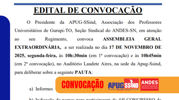 APUG-SSind convoca Assembleia Geral Extraordinária para o dia 17 de novembro