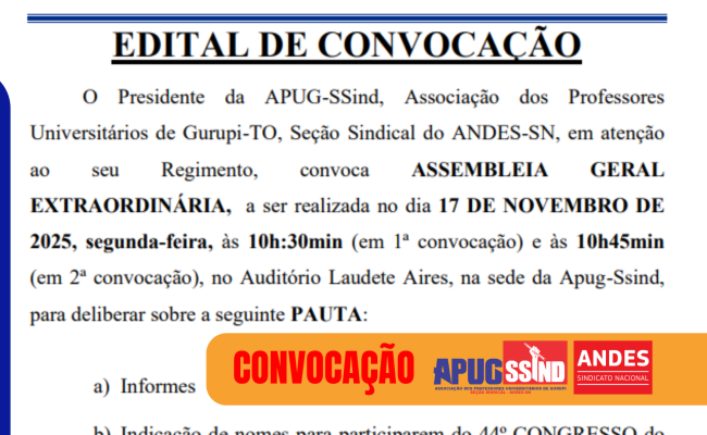 APUG-SSind convoca Assembleia Geral Extraordinária para o dia 17 de novembro